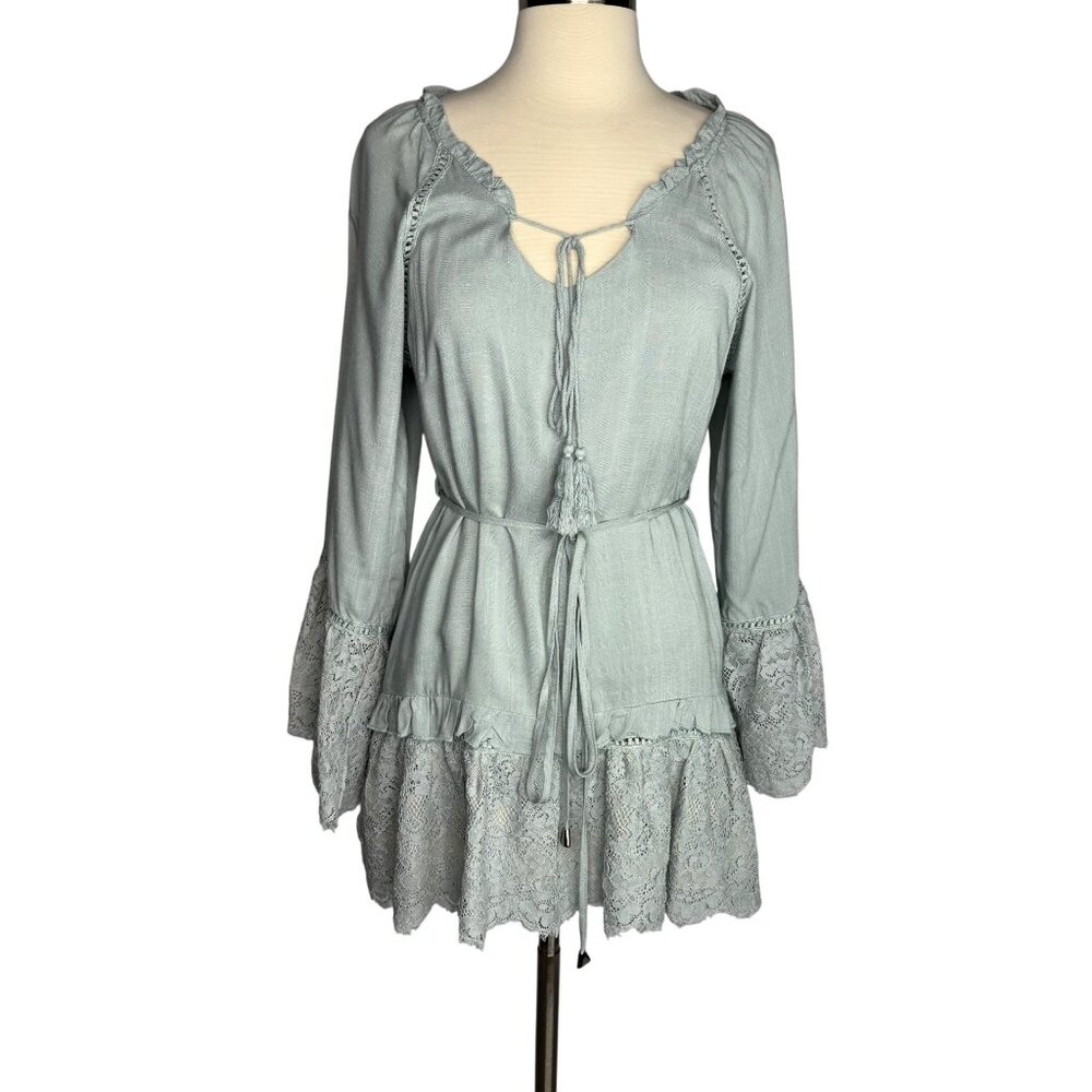 Allison NY NWT Sea Green Lace Floral‎ Long Sleeve Dress Size S Cowgirl Romantic